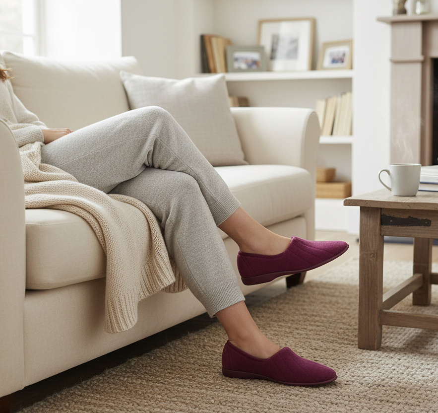 Woman relaxing on sofa wearing cozy purple slip-on slippers in a warm living room