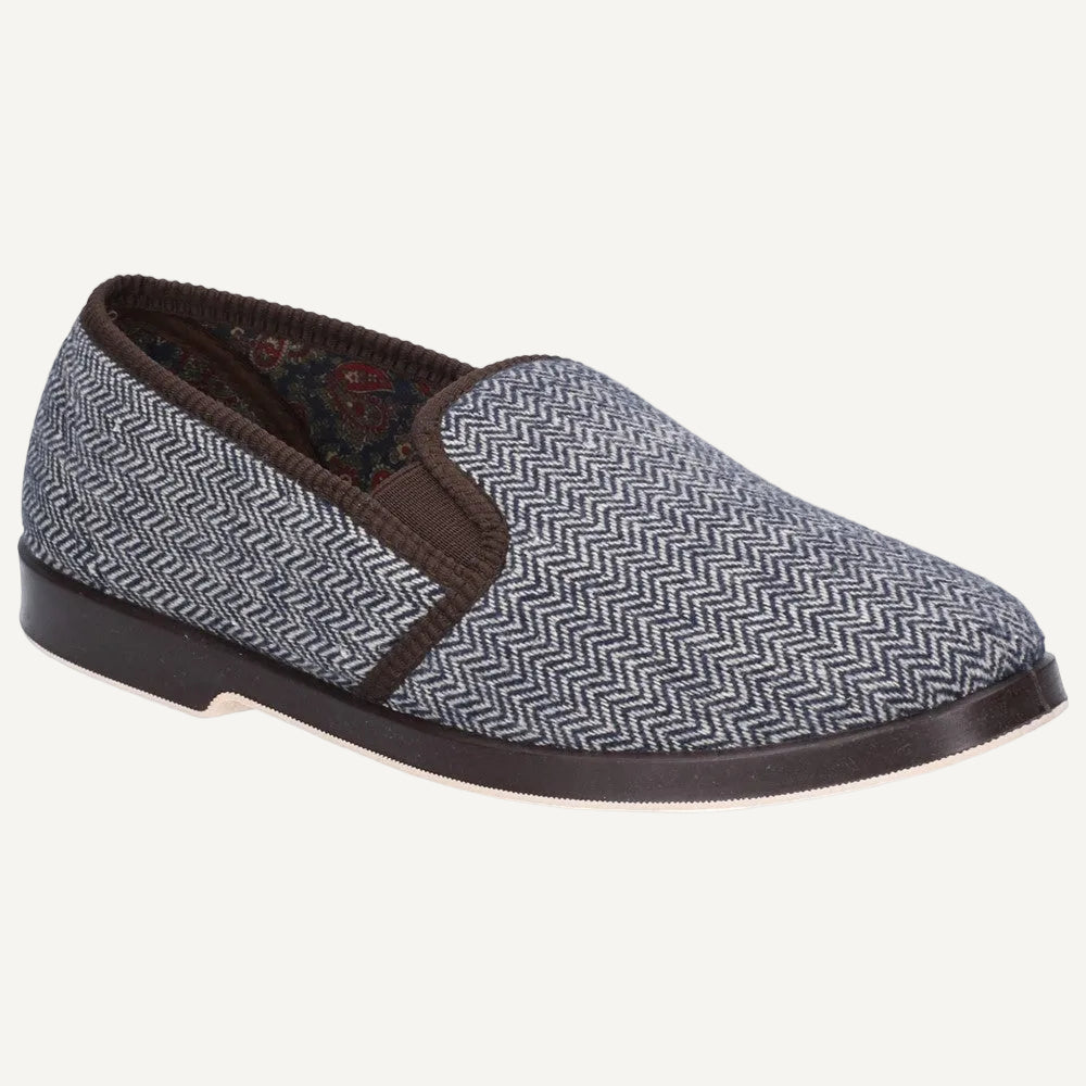 Men's herringbone slip-on shoe with brown trim and patterned lining
