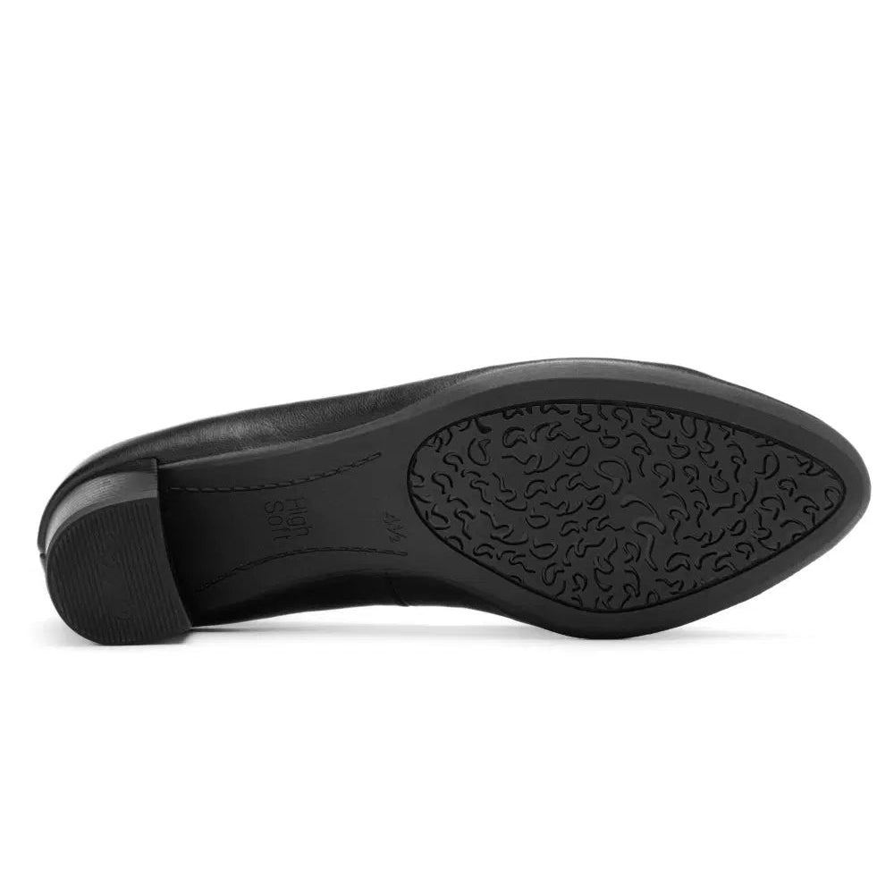 Black court shoe outsole with a textured forefoot grip and heel.