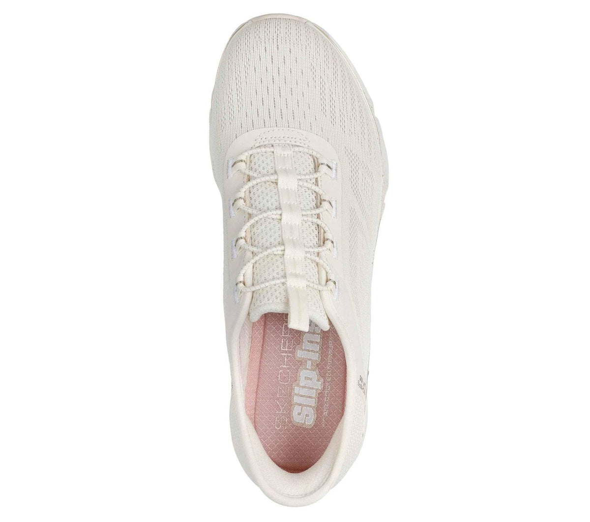 Women's white lace-up knit trainer sneaker, front view with padded tongue