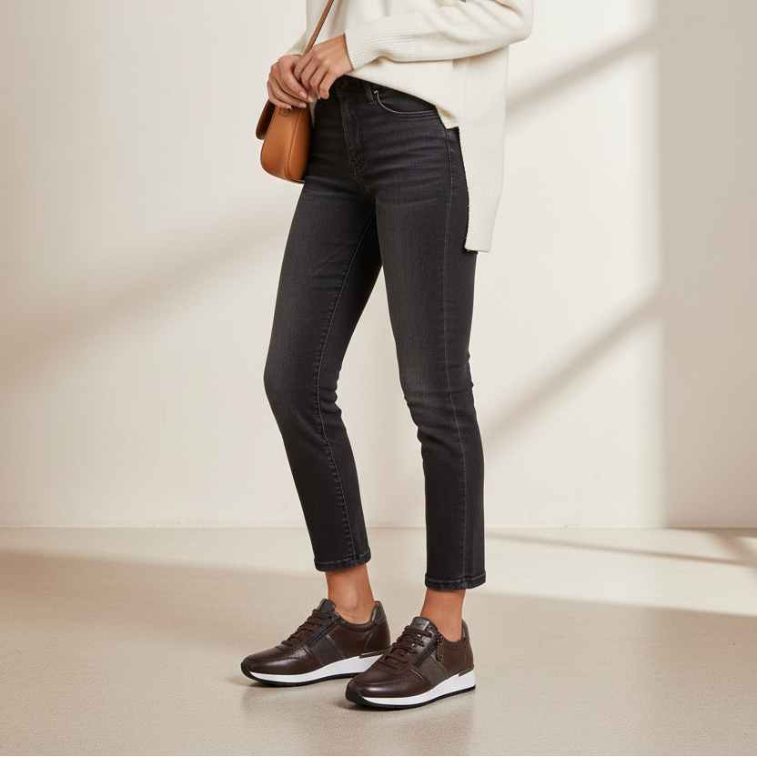 Women’s charcoal lace-up sneakers with perforated toe and white sole, standing on legs