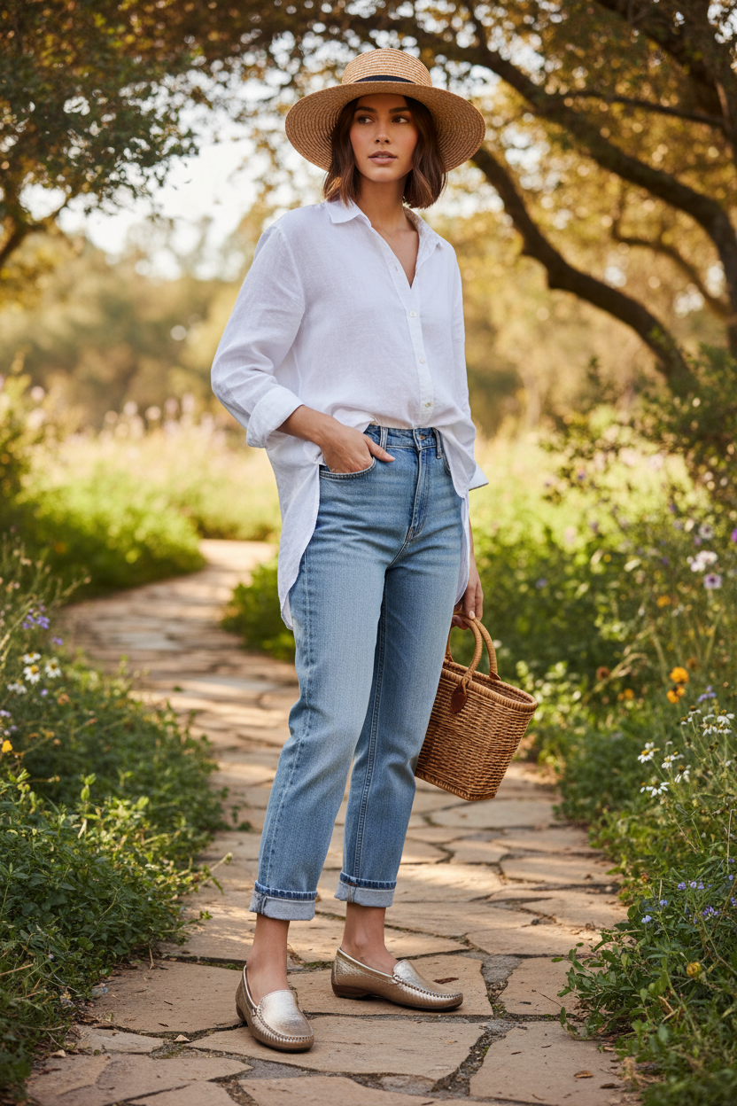 Woman in white shirt and blue jeans walking on a stone path in a garden