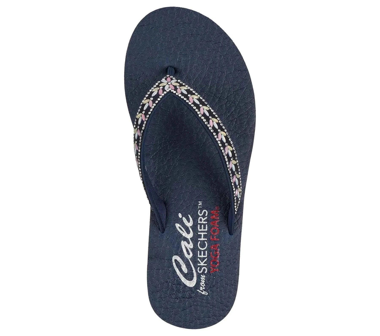 Navy blue Cali Skechers USA sandals flip flop with floral patterned straps and memory foam footbed