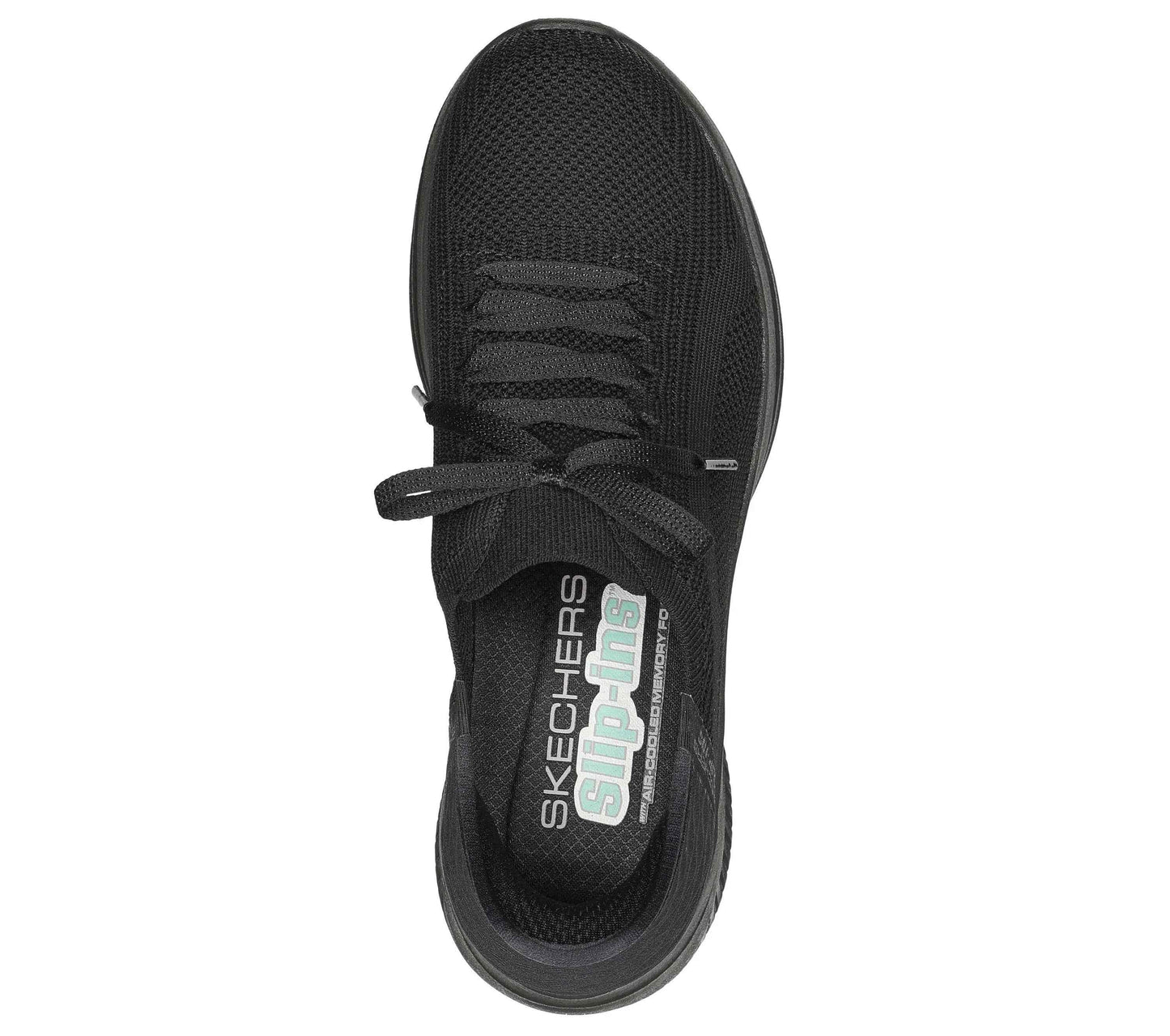 Top view of black Skechers Slip-Ins shoes at skechers with breathable mesh and lace-up design