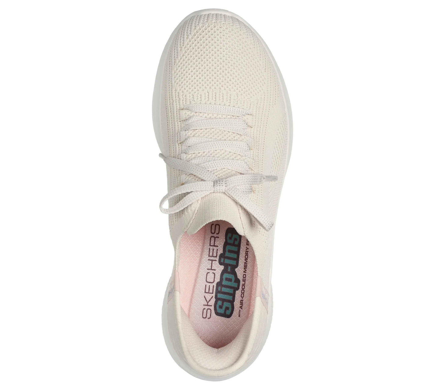 Top view of beige lightweight lace-up shoes at skechers with breathable knit upper and cushioned insole