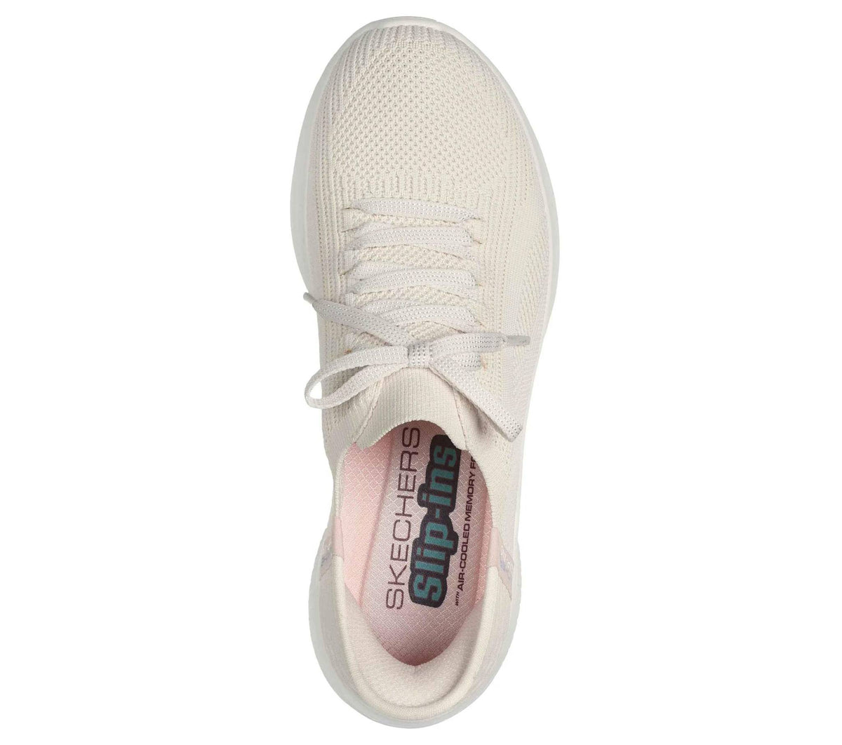 Skechers natural knit lace-up running shoe with cushioned sole, Skechers branding on tongue