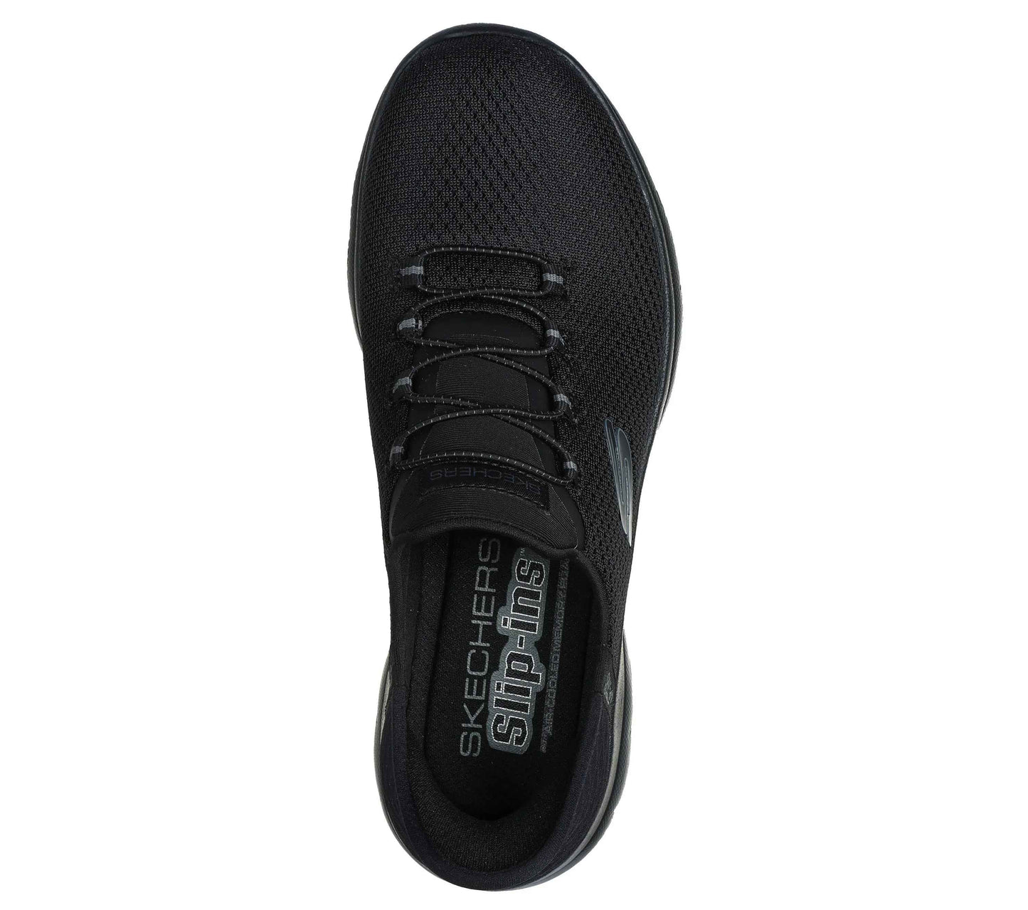 Top view of black Skechers slip ins shoe with mesh fabric and elastic laces from Woodley's Shoes