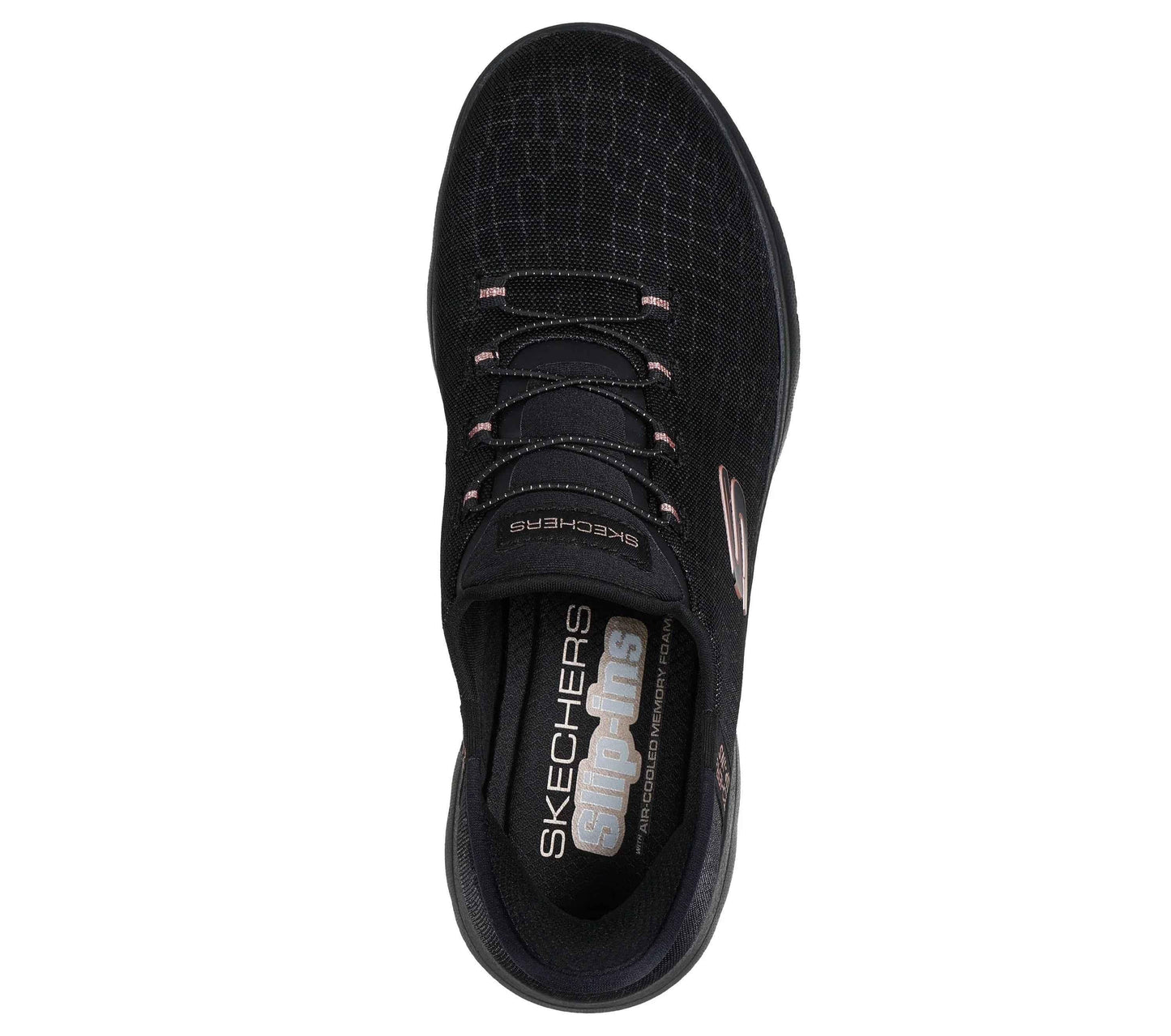 Top view of black sneakers by skechers with cushioned insole and breathable mesh upper