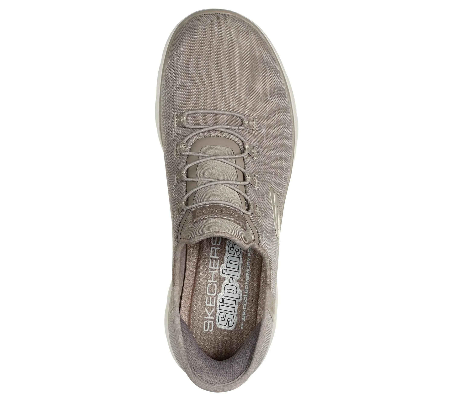 Top view of beige Skechers slip-on shoes at skechers with elastic laces and cushioned insole