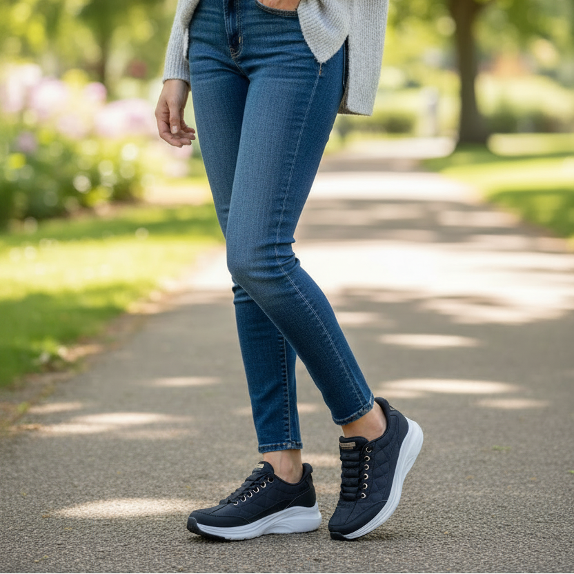 Women's black lace-up trainer sneakers with white sole, worn with jeans