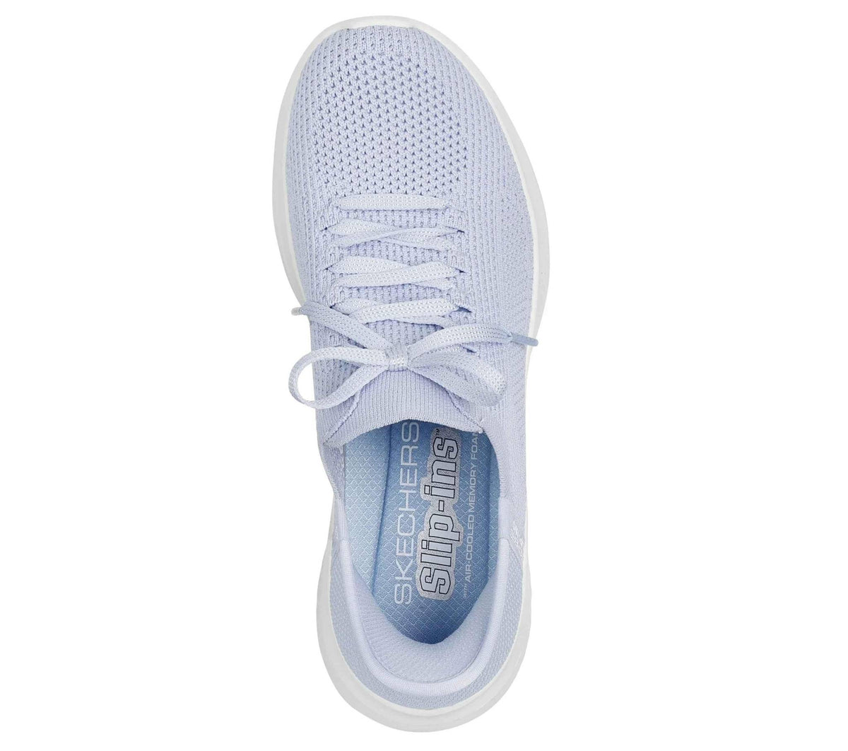 Light blue Skechers knit lace-up sneakers with white rubber sole