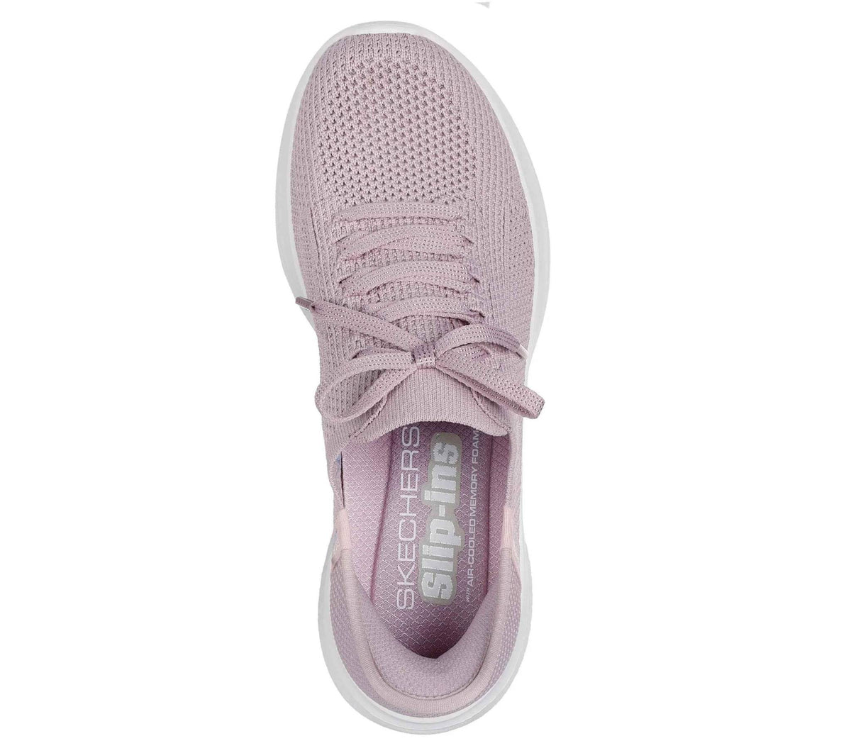 Light mauve Skechers lace-up knit sneaker with cushioned collar and white sole