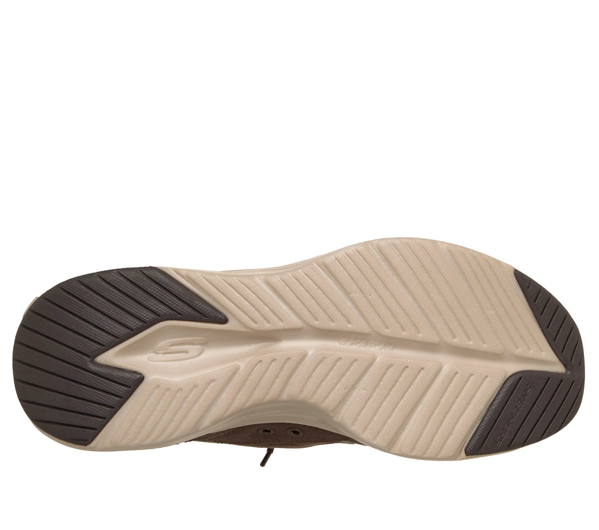 Women's sneaker outsole in dark and light brown with white cushioning midsole