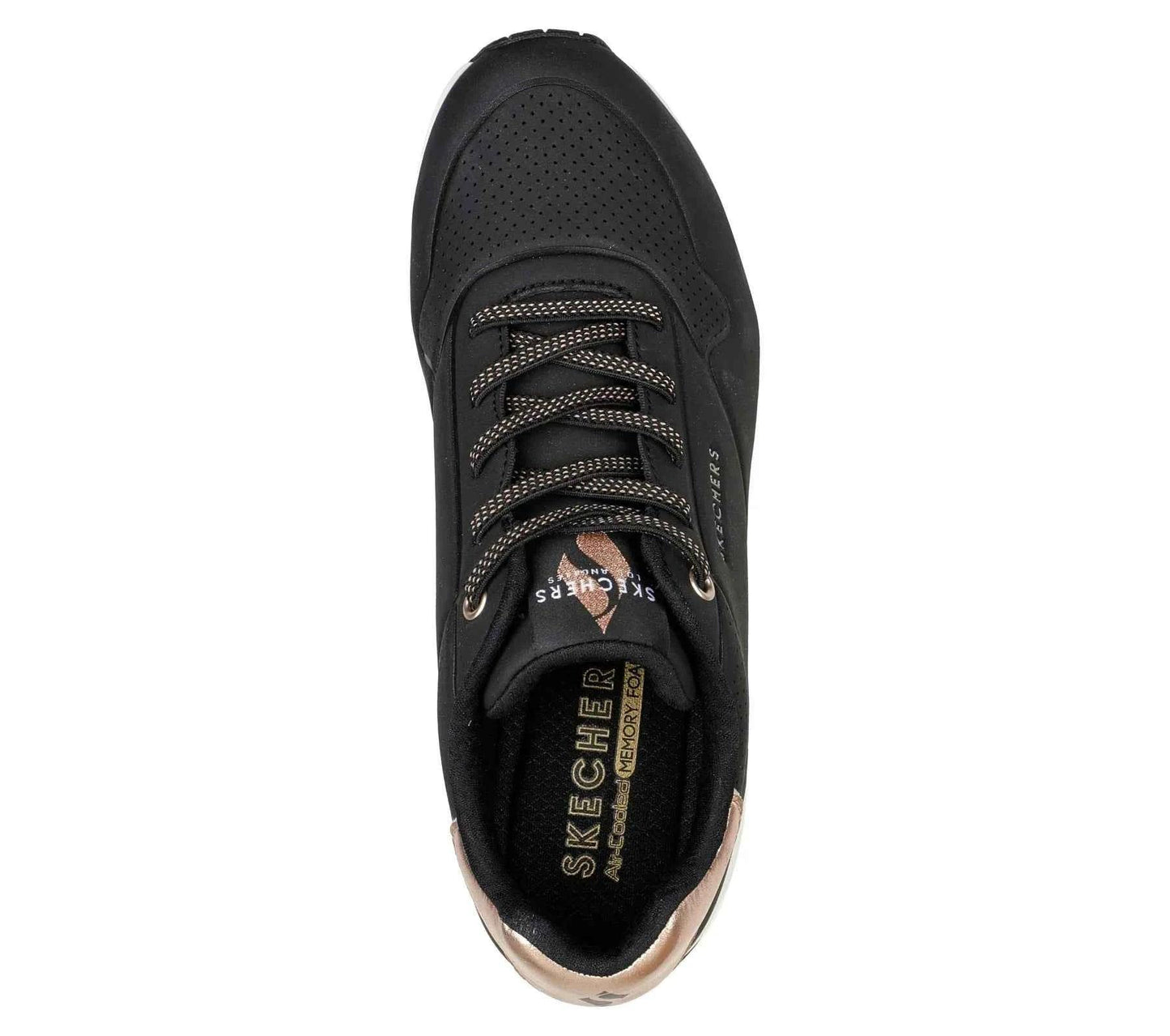 Black Skechers athletic shoe with lace-up design viewed from above shoes at skechers