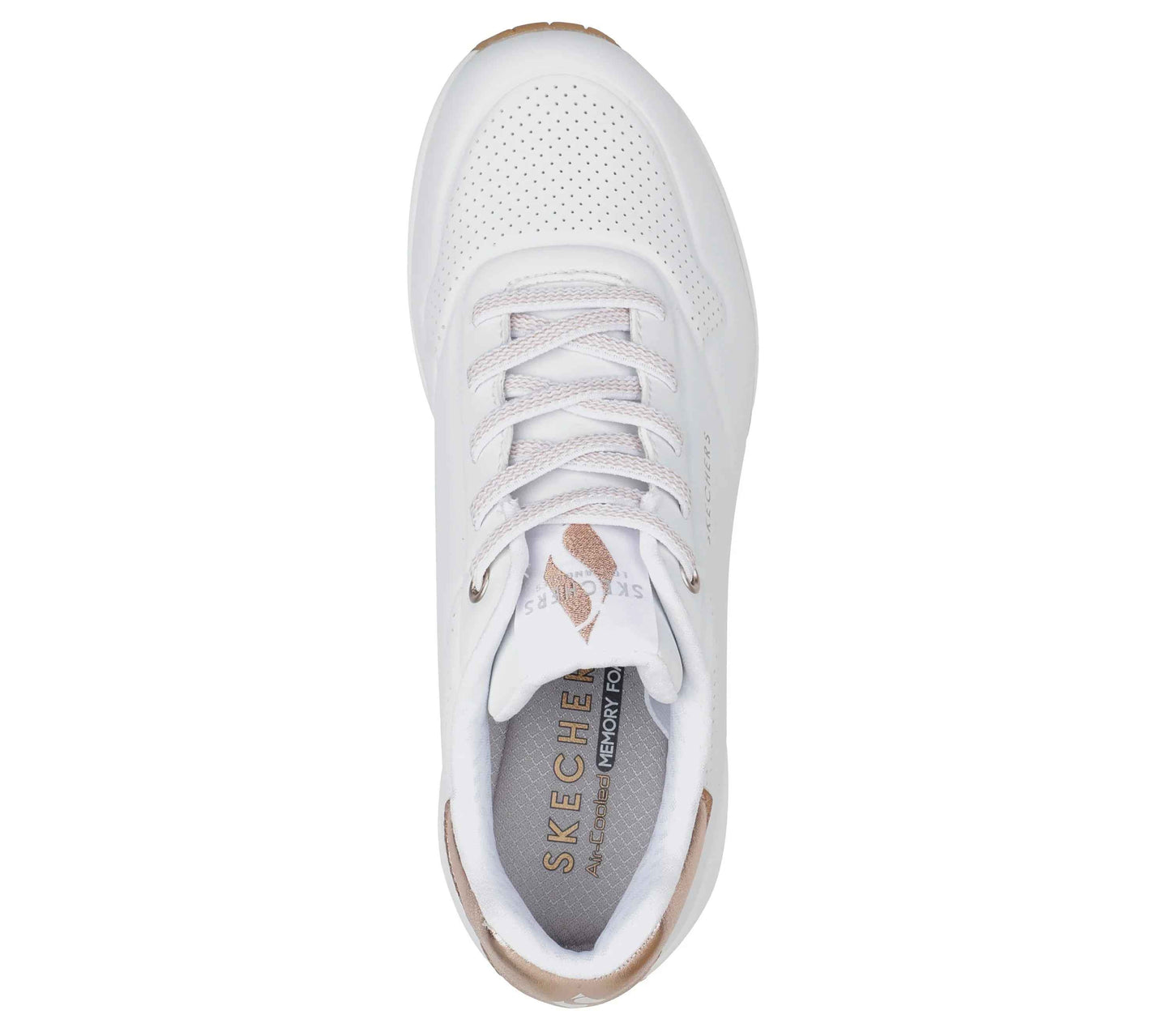 Top view of white slip on shoes skechers with perforated design and cushioned insole