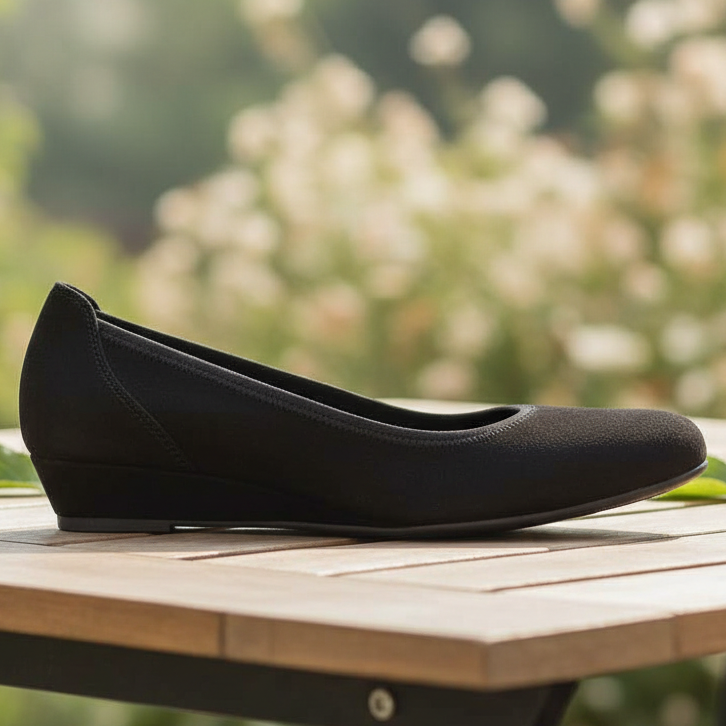 Black slip-on court shoe with cushioned insole, low wedge heel