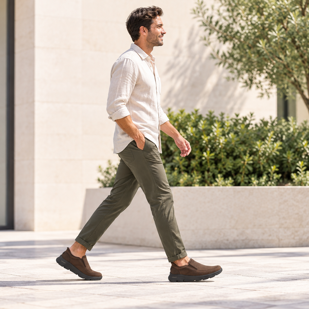 A brown slip-on work shoe by Skechers Archfit, featuring a dark gray textured sole, displayed in a modern, sunlit lobby with beige stone floors and potted plants in the background.