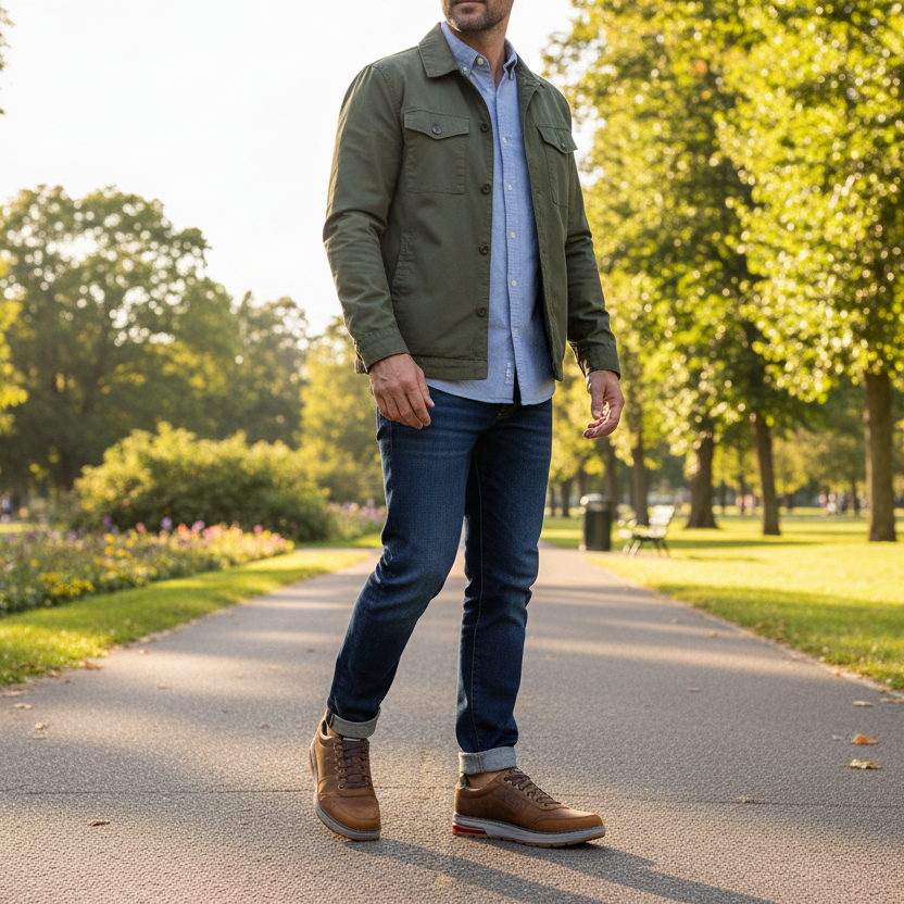 Man walking in a park wearing a green jacket, blue jeans, and brown shoes.