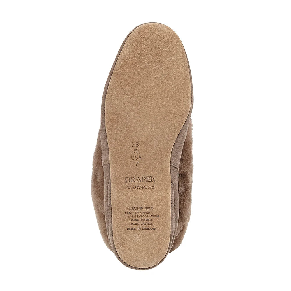 Women's nut-taupe sheepskin slipper outsole and heel badge label