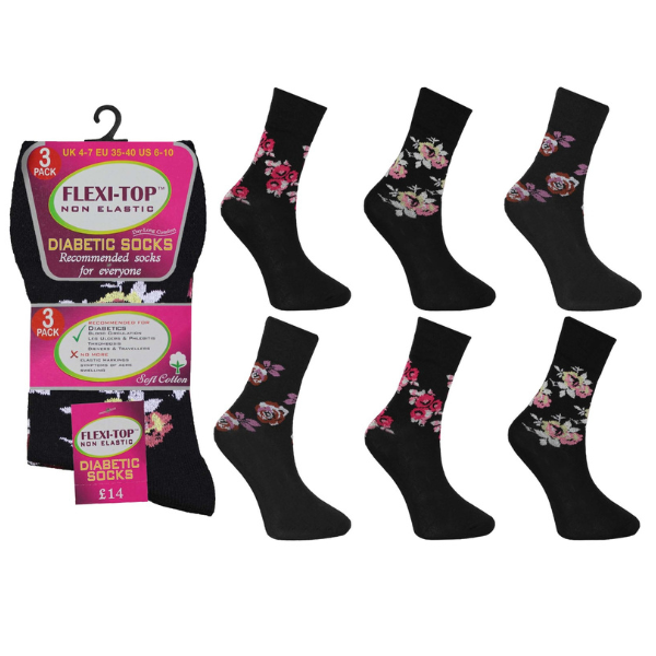 Ladies Flexi-Top Diabetic Socks - Black Floral