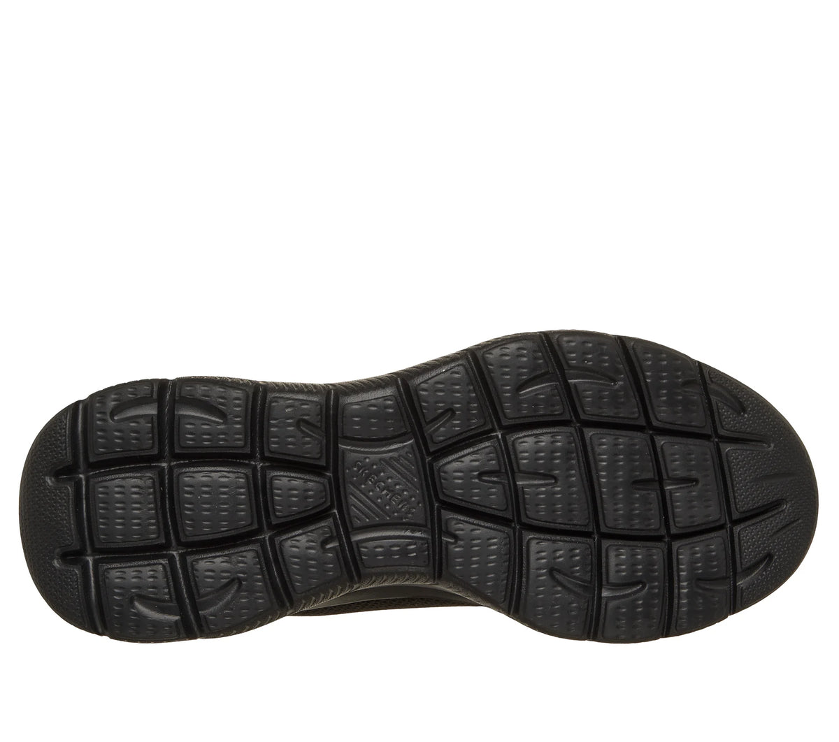 Black Skechers trainer outsole with segmented tread pattern