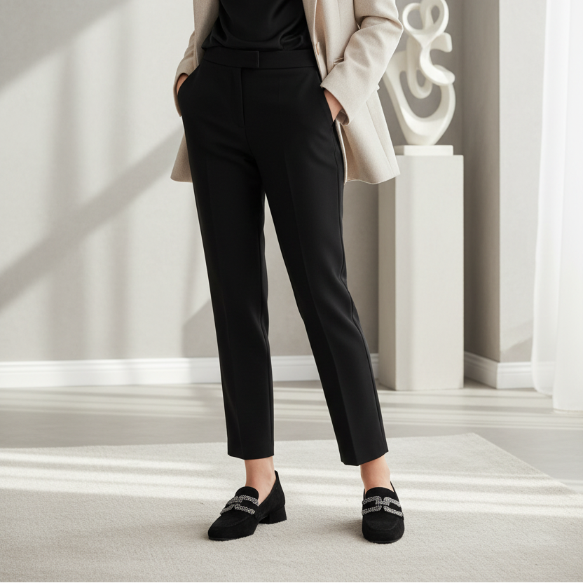 Black loafer shoe with decorative buckle on a white background