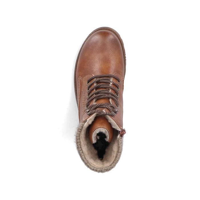 Rieker women’s brown biker boot showing lace-up and soft inner lining