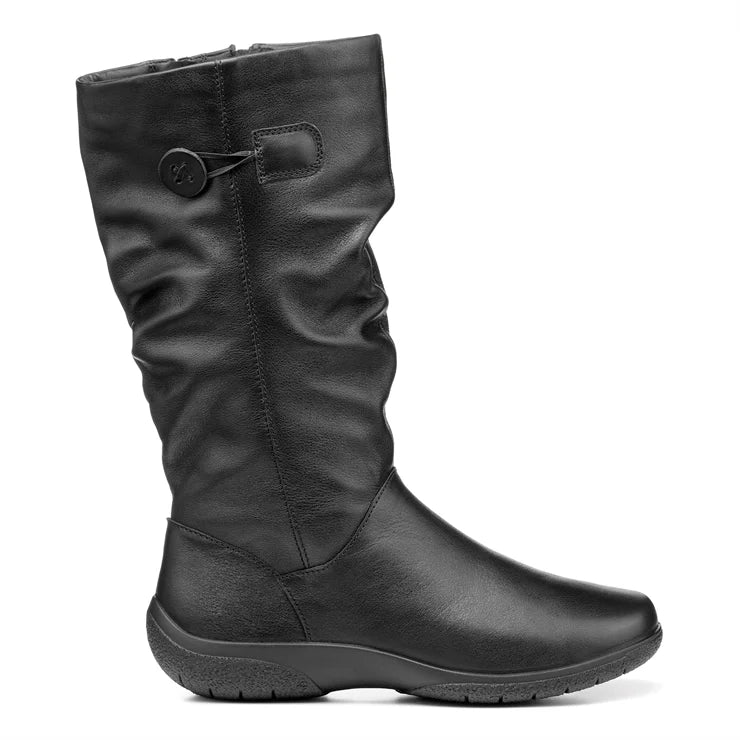 Black leather pull-on wide-fit boot with strap and round button closure