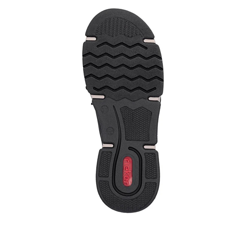 Black rubber outsole with zigzag tread and Rieker logo badge