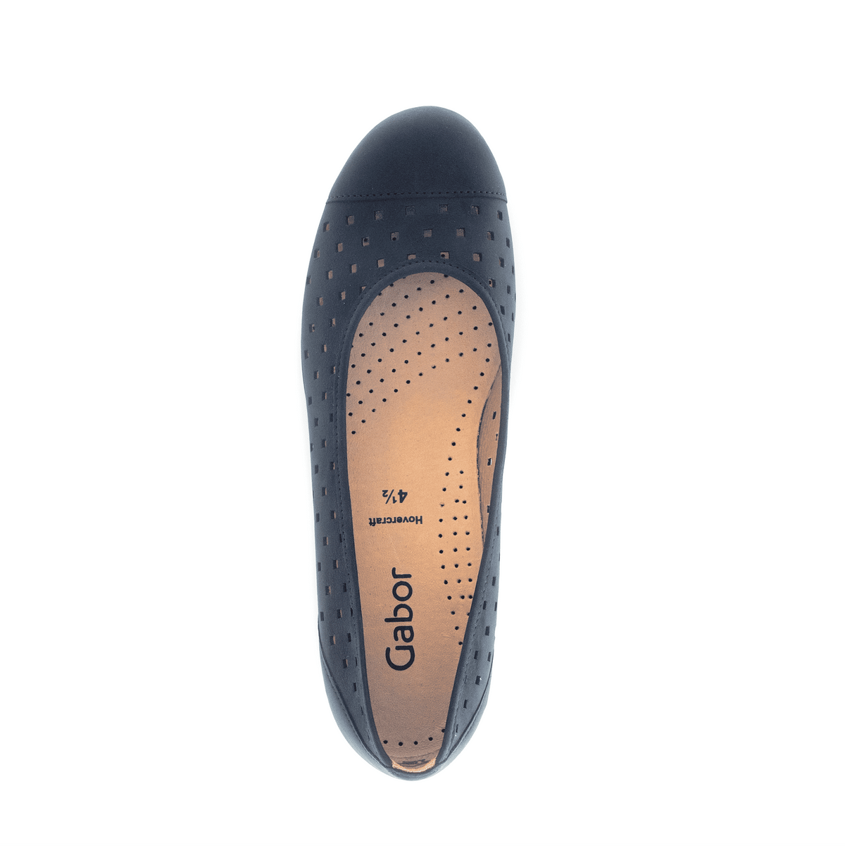 Navy ballerina flat with perforated upper and tan leather insole view