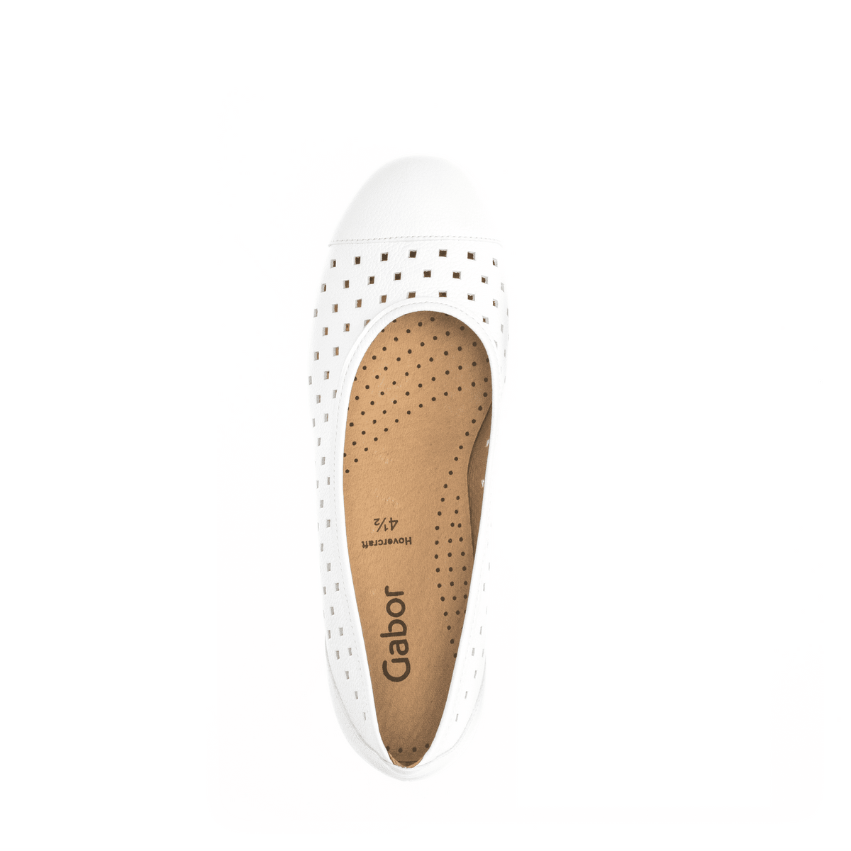 White slip-on ballerina flat with perforated upper and tan interior footbed