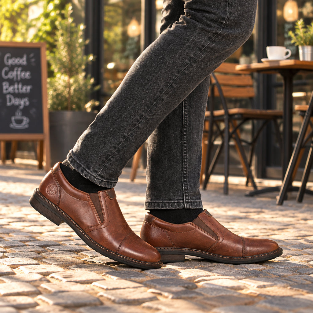 Rieker men's brown slip-on shoe with moc-style stitching and padded collar