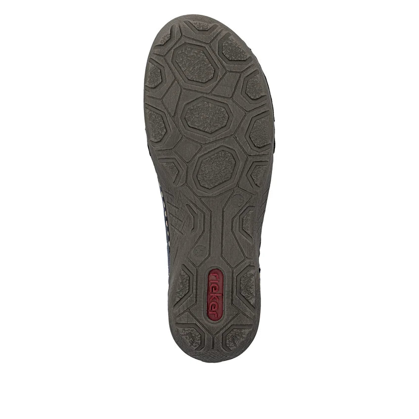 Boot outsole view with textured tread and Rieker logo on the heel