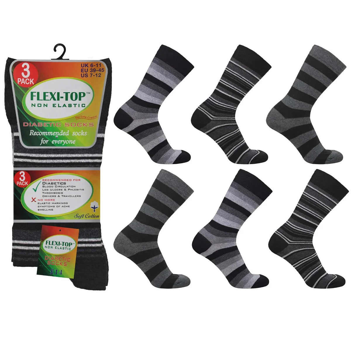 Mens Flexi-Top Non Elastic Socks 3 Pack - Mixed Design