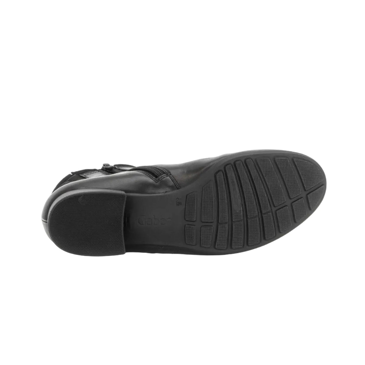 Women's black leather ankle boots with side zipper; rubber outsole tread
