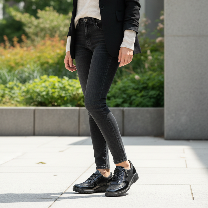 A black leather low-top sneaker with a textured side panel, glossy toe cap, black laces, a side zipper, and a chunky treaded sole, photographed outdoors on a light stone surface.