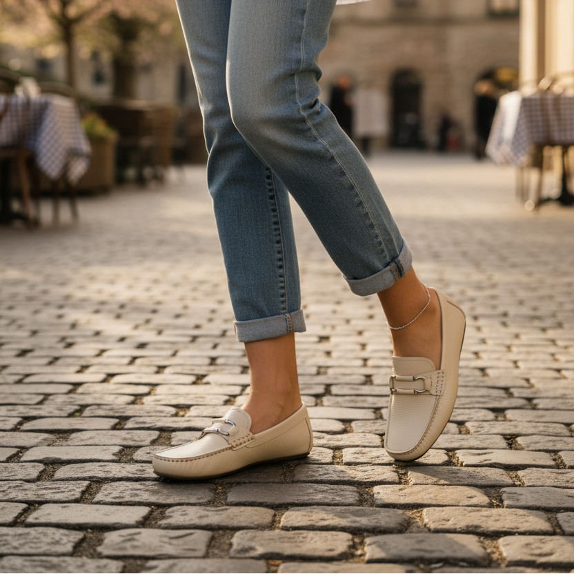 Cream moccasin with metal strap buckle, worn with denim cuffs