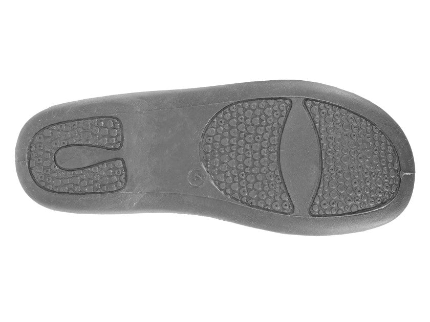 Grey rubber outsole with textured tread and flexible traction channels