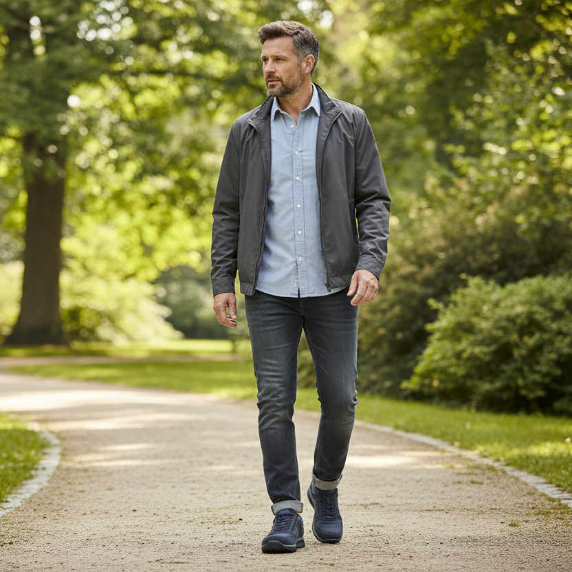 Navy lace-up casual shoes on model walking outdoors