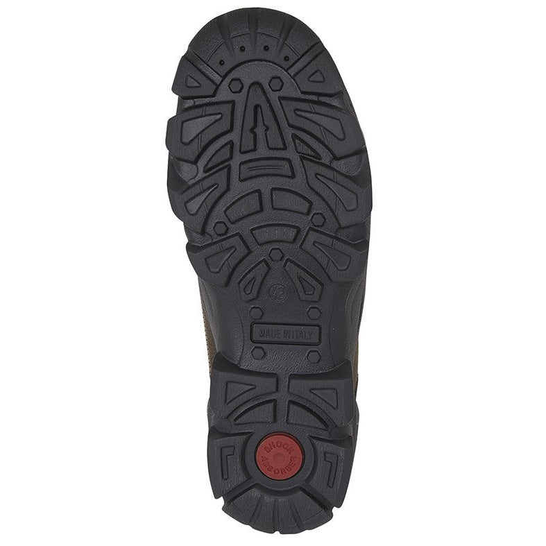 Brown hiking boot outsole tread bottom view with traction pattern