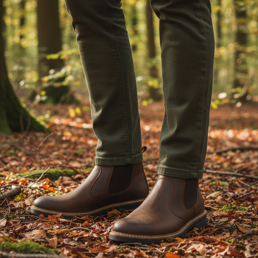 Brown chelsea boots worn with green pants; elastic side panels and rubber sole