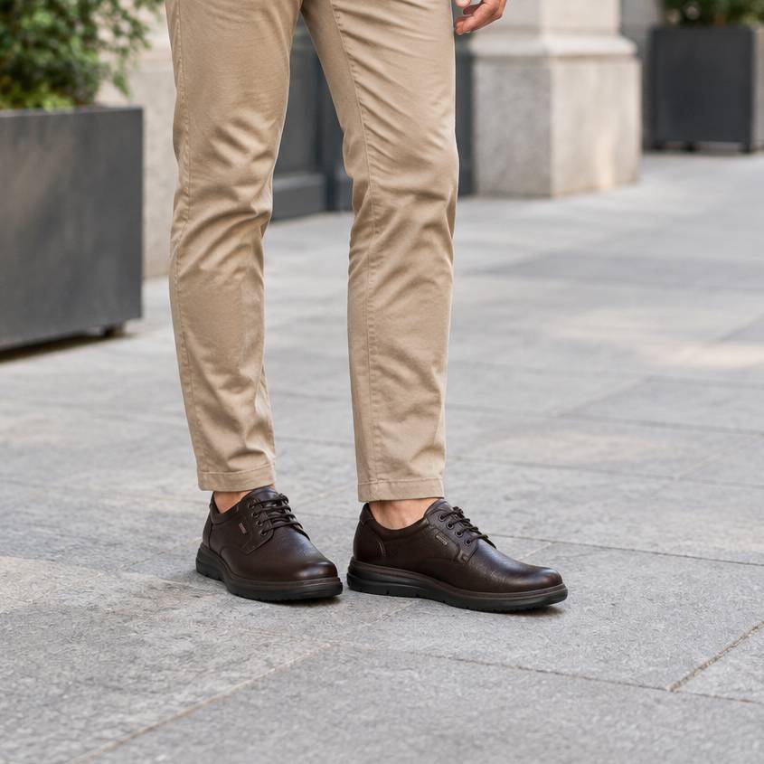 Imac extra-wide waterproof brown lace-up shoe worn with casual pants