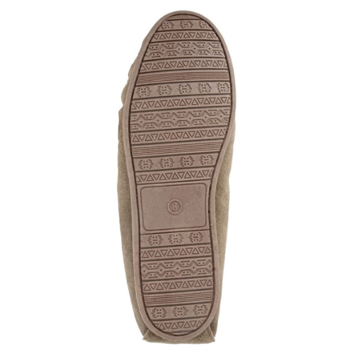 Men's taupe moccasin slipper outsole with patterned rubber tread