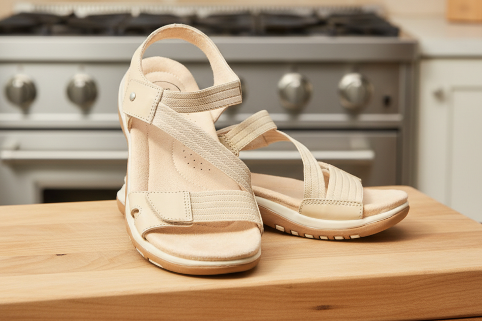 Beige sandals on a wooden surface with a blurred kitchen background