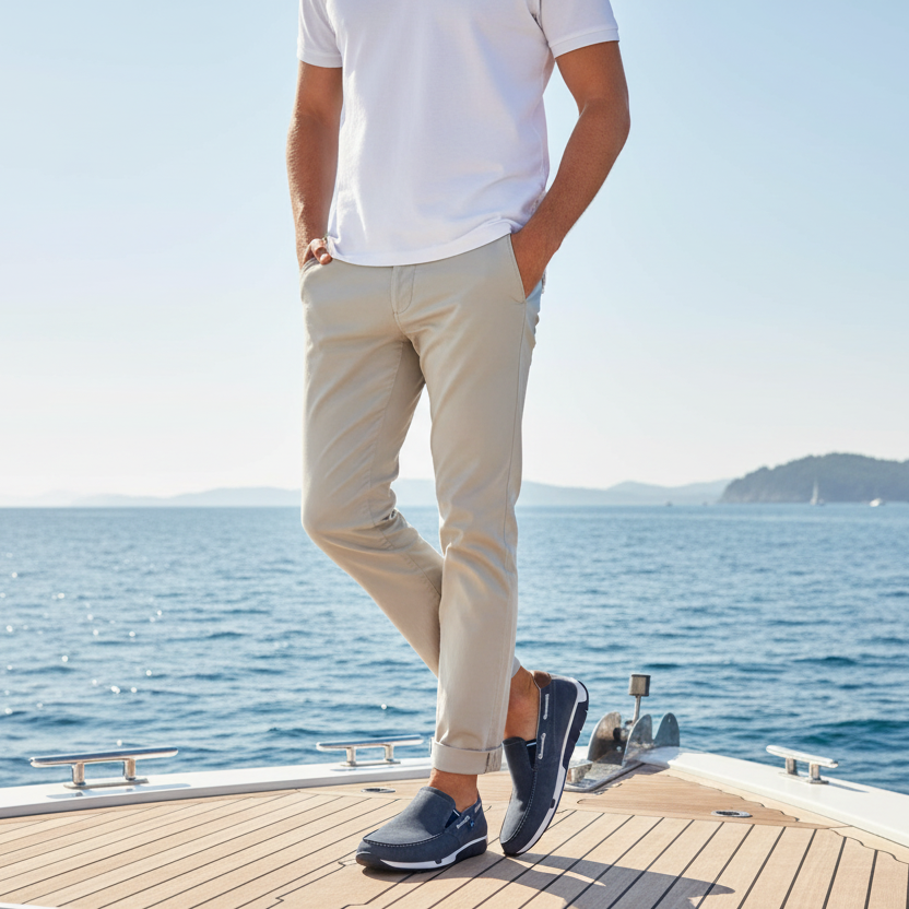 Man standing on a boat with a scenic ocean view