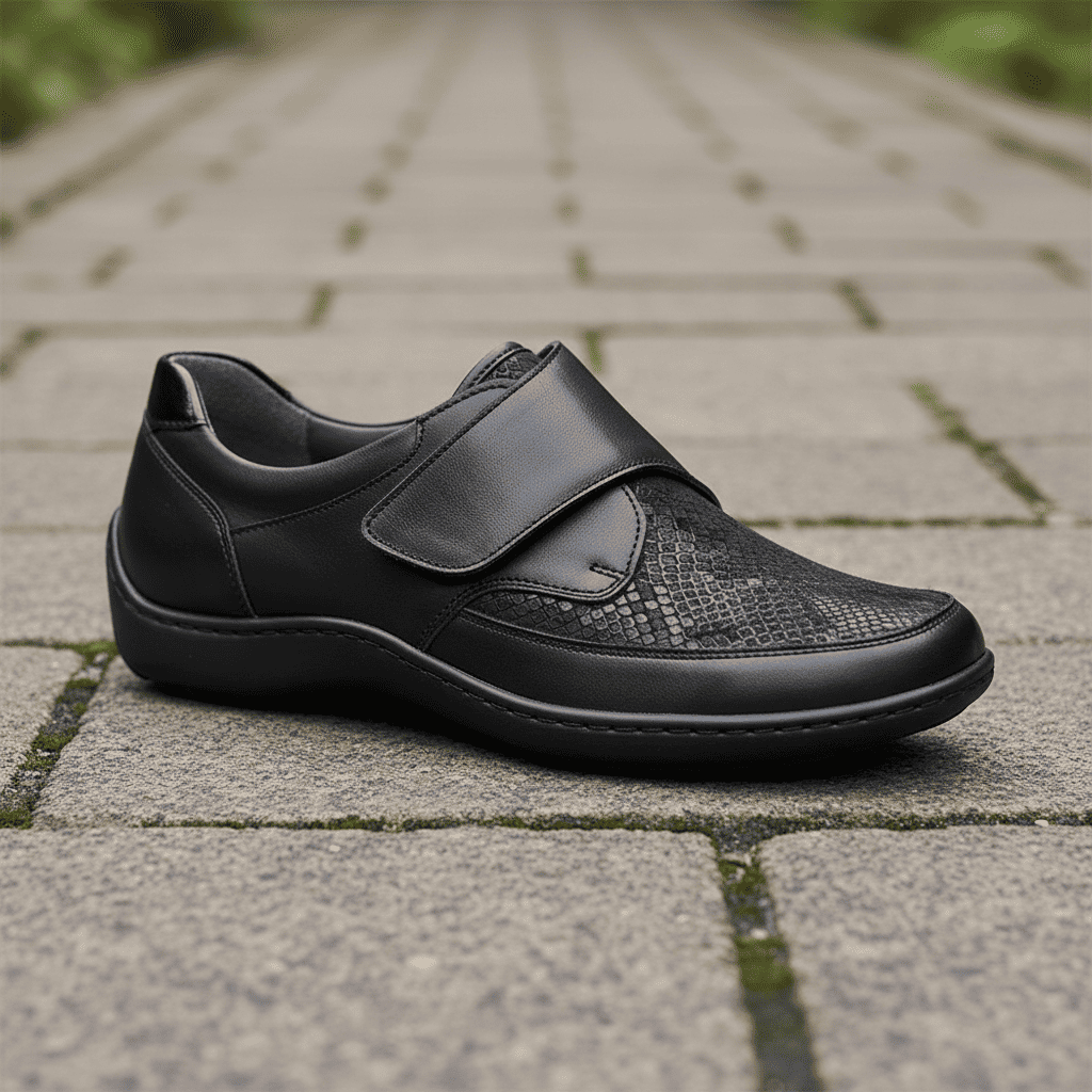 Black leather slip-on with adjustable strap and textured snake-print vamp.