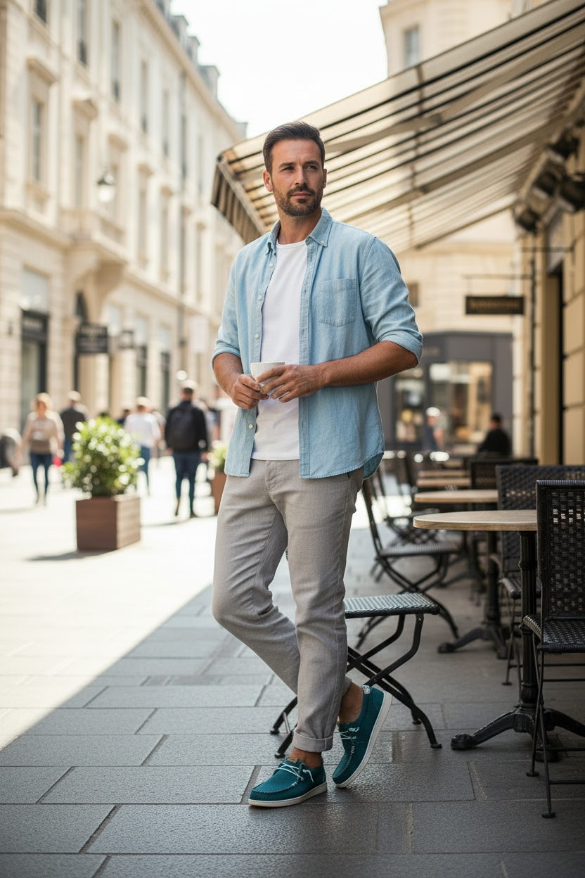 Man standing on a city street with tables and chairs in the background