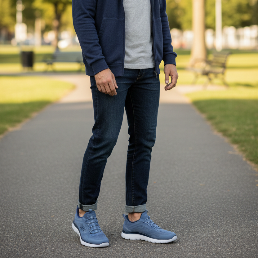 Man standing on a path in a park wearing a navy blue hoodie, gray t-shirt, dark jeans, and blue sneakers.