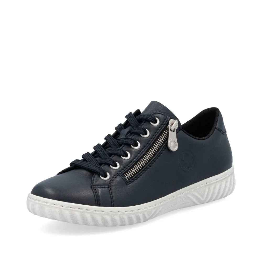 Rieker black leather sneaker with side zipper and white sole from Woodley's Shoes
