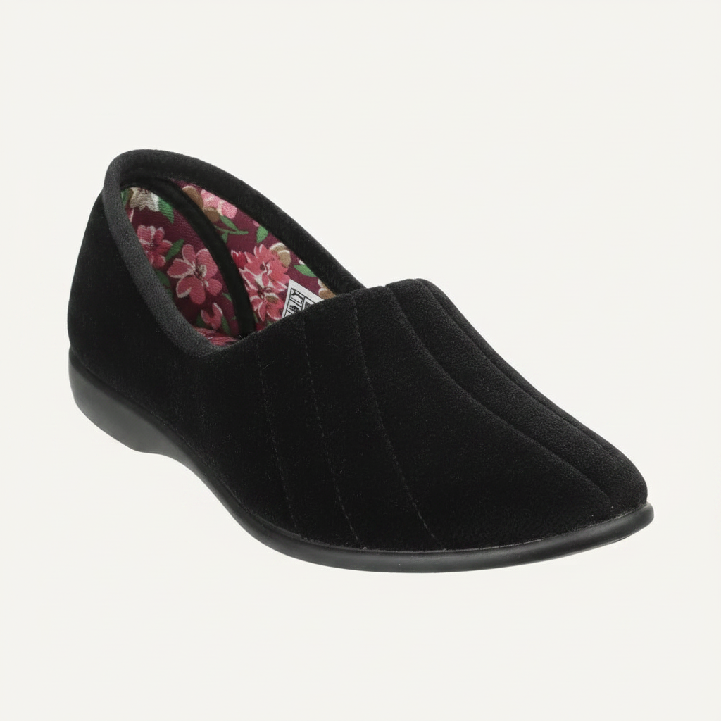 Black suede slip-on shoe with floral lining, comfortable women's footwear for casual wear